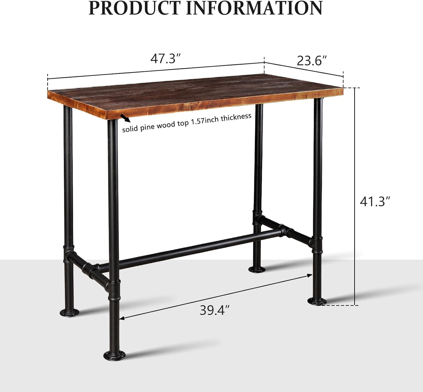 Diwhy DIY Industrial Design Pipe Dining Table Casual Pub BAR Laptop Table Modern Studio Wood and Metal Rectangular Dining Table homeoffice Desk Breakfast high bar Table Brown Desktop 47.3" × 23.6"