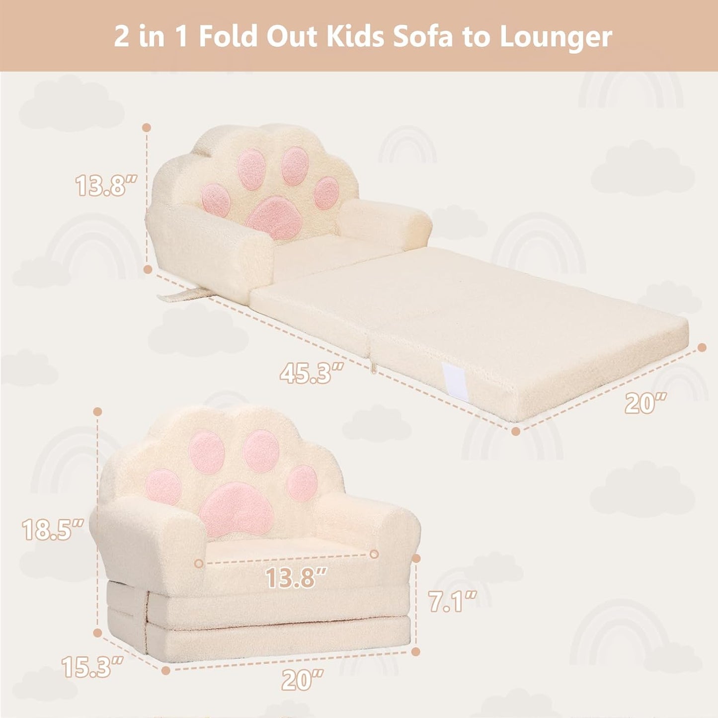 MONKISS Cat Paw Kids Couch, Toddler Chairs Comfy, Toddler Couch Bed Fold Out, Baby Lounge Chair, Birthday Gift for Girls, 1-4 Years Old, SF06, Beige