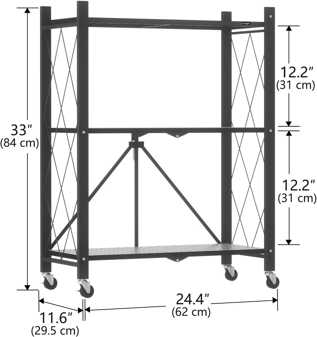 ALANNG Storage Shelves with Wheels, Bookshelf with Storage, No Assembly Metal Rack Cart for Kitchen, Office, Laundry, Garage (3 Tier, Black)