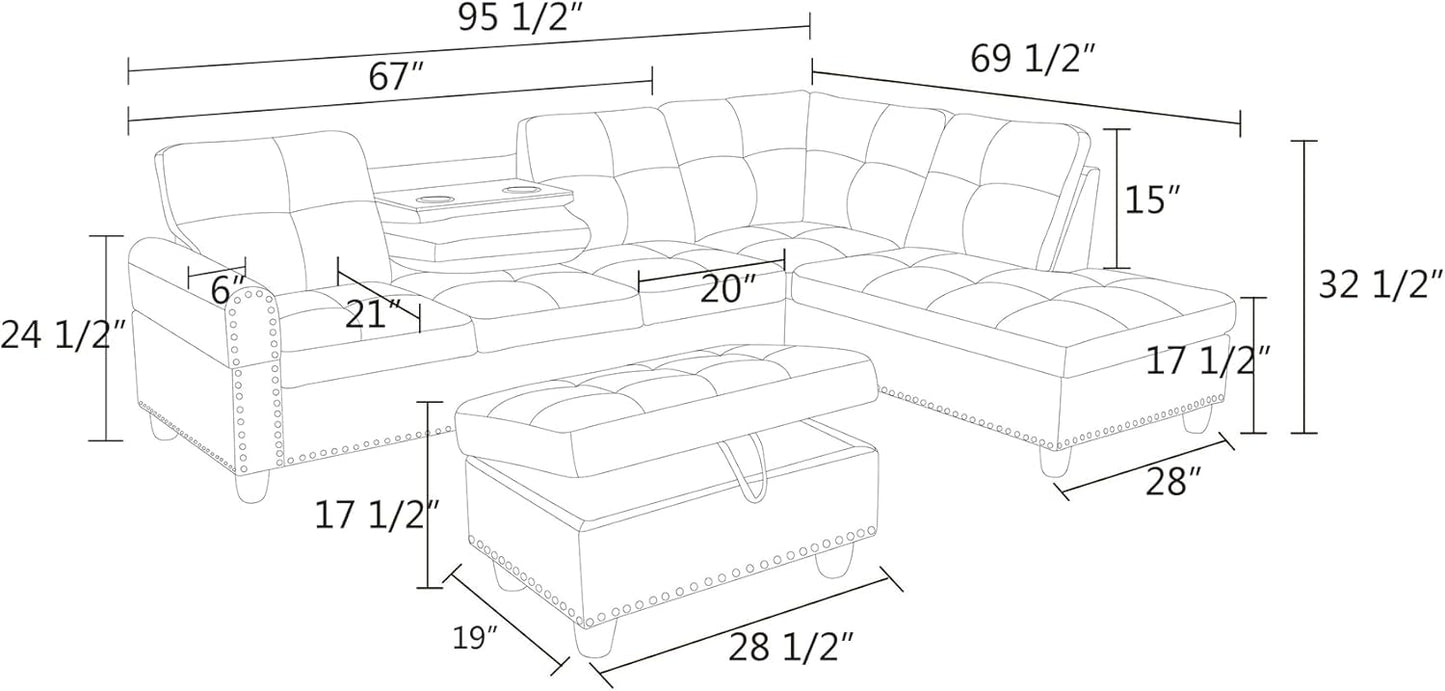 L Shaped Sectional Sofa with Ottoman, Nail-Head Design Linen Right Facing Modern Couches with Cup Holder for Living Room, Bedroom, Office, Purple
