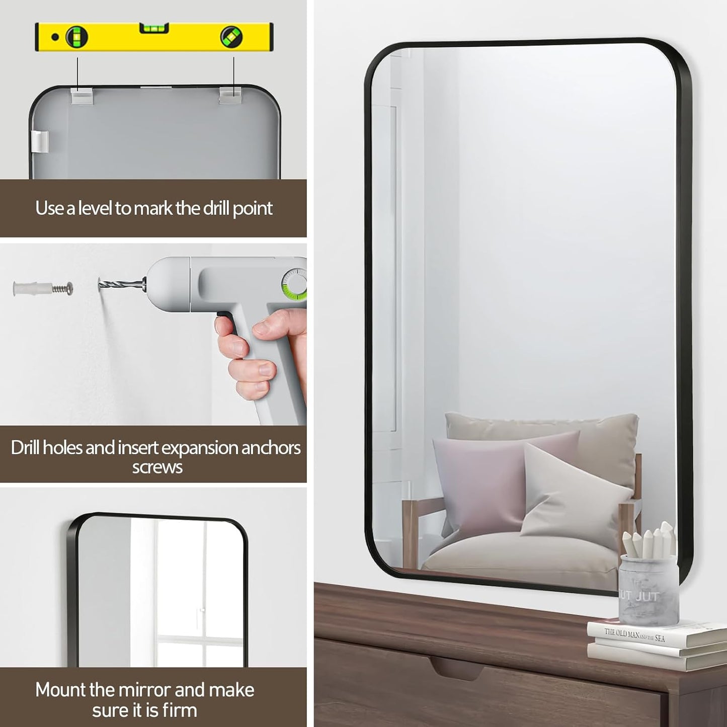 Black Bathroom Mirror, 26x38 Inch Matte Black Mirror, Aluminum Alloy Framed Vanity Mirror, Rounded Rectangle Mirror for Over Sink, Anti-Rust Wall Mirror (Horizontally or Vertically)