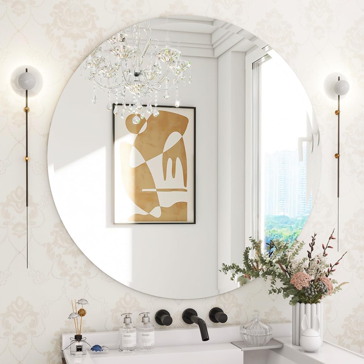 KOHROS Round Bathroom Mirror 32" x 32" Large Circle Mirror for Bathroom, Frameless Beveled Edge Mirror for Wall, Anti-Rust, Tempered Glass, Hallway & Home Decor (Silver)