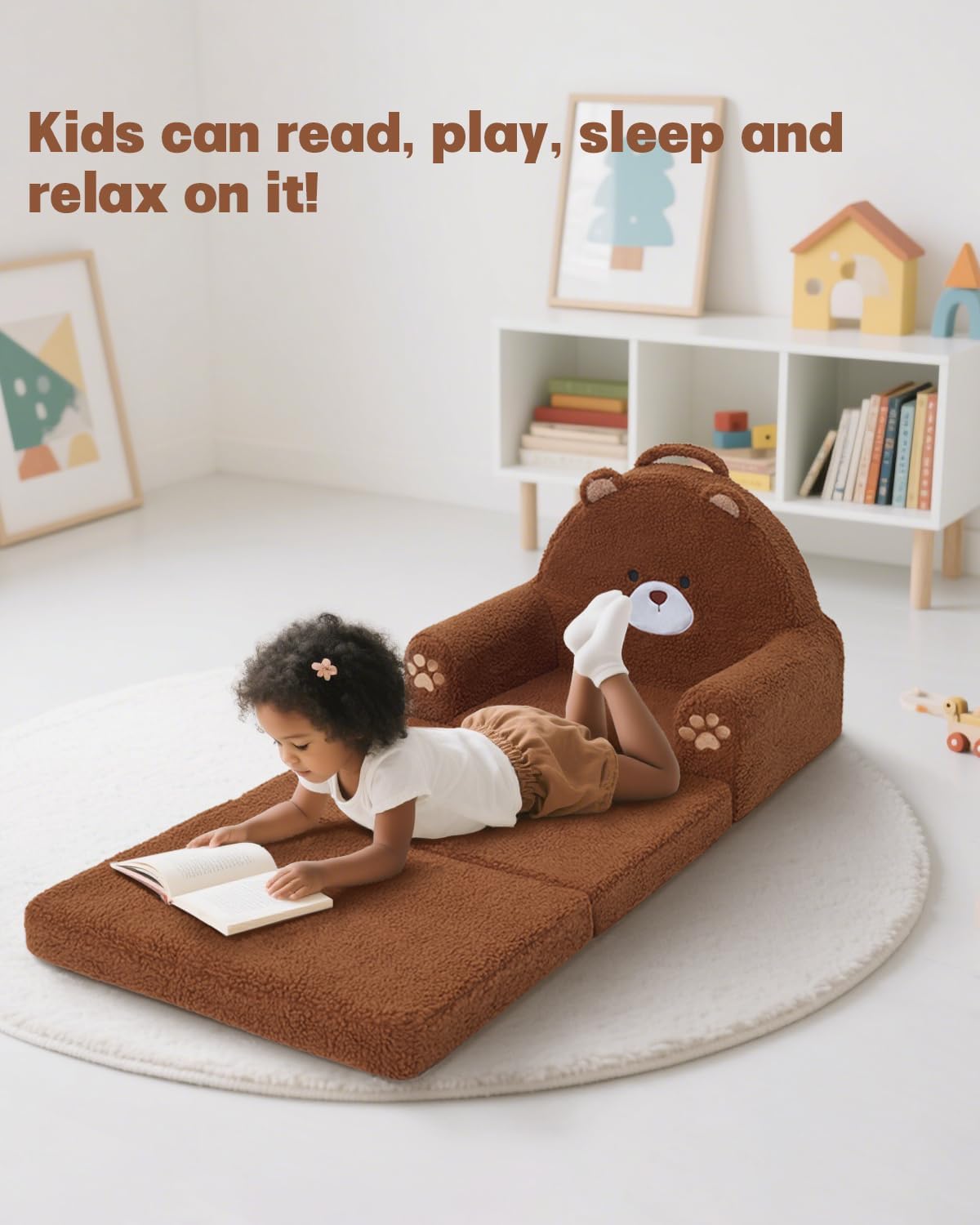 MOONBEEKI 2-in-1 Foldable Toddler Couch, Soft Sherpa Fabric with Washable Cover, Convertible Sofa to Lounger, Kids Sofa for Playroom, Bedroom, Living Room, Birthday Gift, Ages 1-3, Bear, Medium