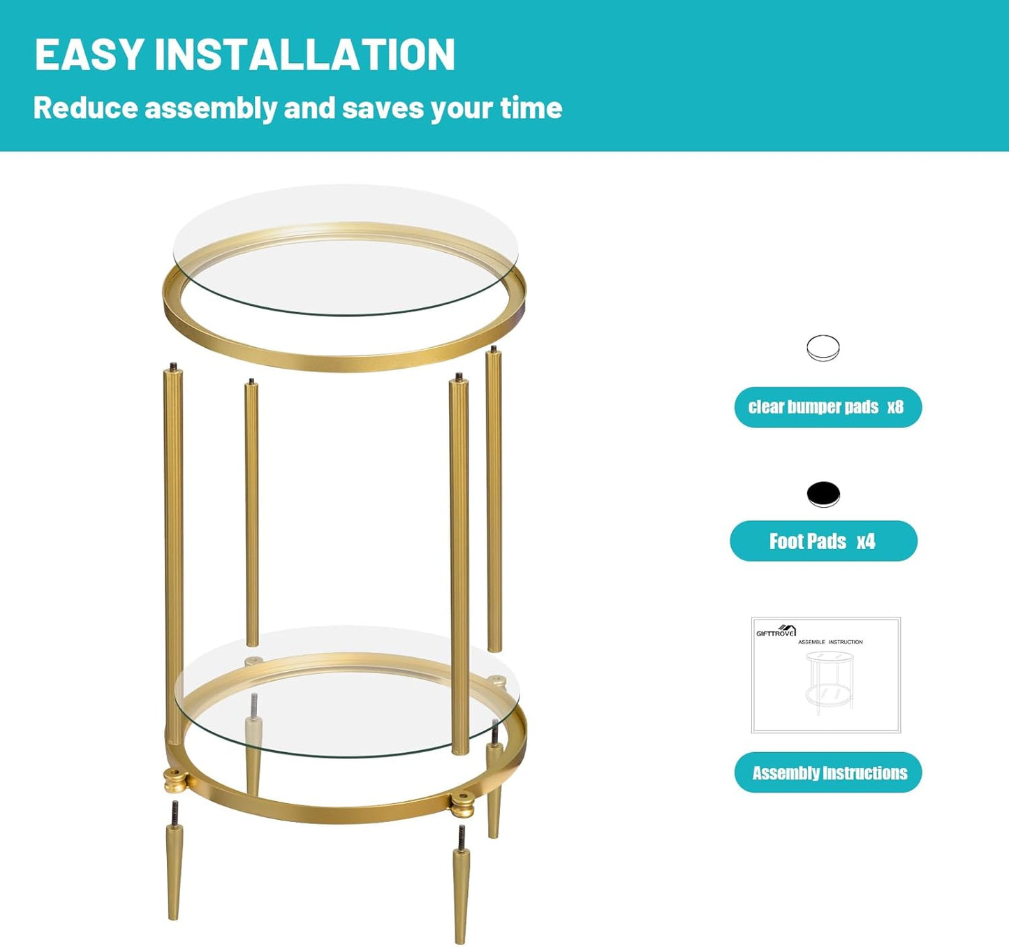 2 Tier Round Side Table, Gold End Table with Glass Top, Modern Metal Clear Coffee Tables, Small Accent Tables for Living Room, Bedroom, 18" x 18"