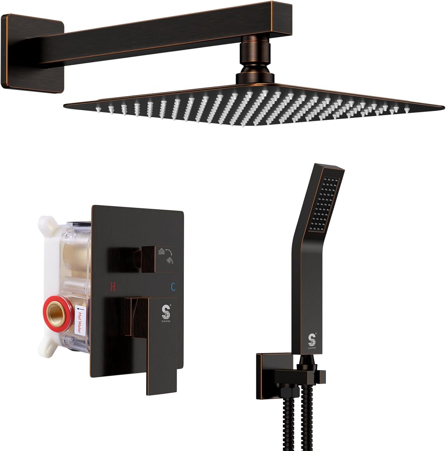 SR SUN RISE Oil Rubbed Bronze Shower System 12 Inches Brass Bathroom Luxury Rain Mixer Shower Combo Set Wall Mounted Rainfall Shower Head System Shower Faucet Rough-in Valve Body and Trim Included