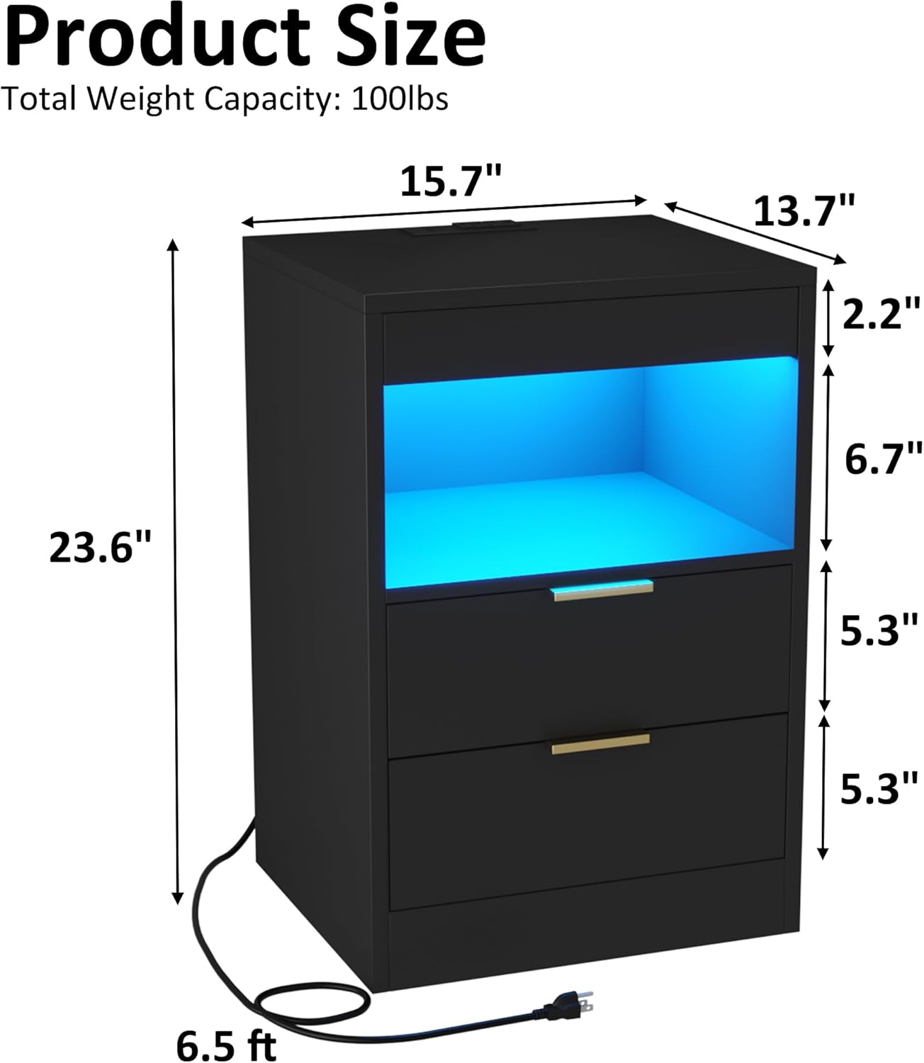 Gadroad LED Nightstand with Charging Station, Bedside Table with 3 Drawers and LED Lights, End Table Sofa Couch Side Table with Pull-Out Shelf, Black