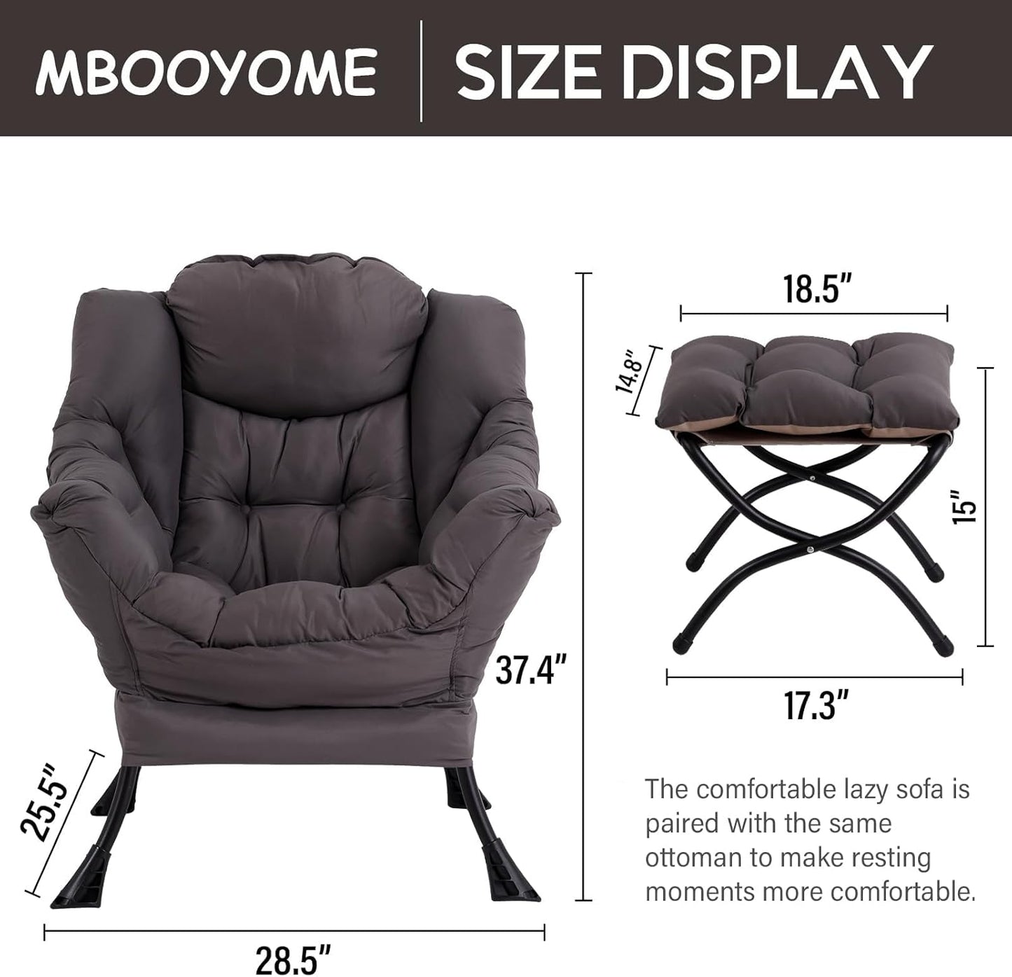 Lazy Chair with Folding Ottoman, Modern Accent Lounge Armchair with Armrests and a Side Pocket & Foldable Footstool, Leisure Reading Chair for Living Room, Bedroom, Dorm & Office, Dark Grey