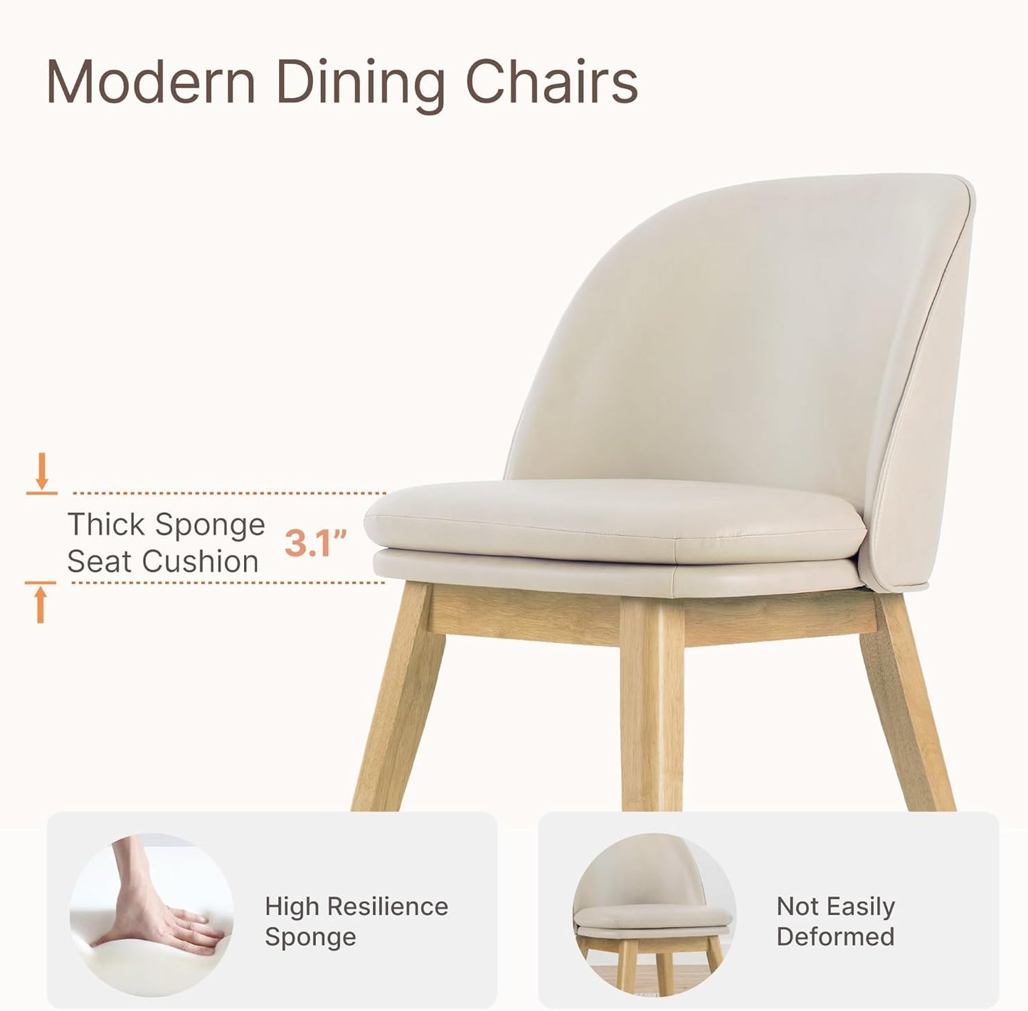 Wooden Dining Chairs Set of 4, Faux Leather Upholstered Modern Dining Room Chairs with Double-Layer Thick Seat Cushion & Ergonomic Backrest for Restaurant, Kitchen and Café, Beige, 2 Boxs