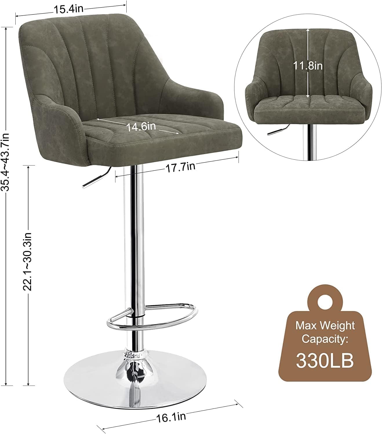 VECELO Bar Stools Set of 2, Adjustable Barstools, Counter Height Stools with Back and Arm, Kitchen Island Stools, Swivel PU Leather Chairs for Pub, Dining Room, Modern Style, Dark Grey