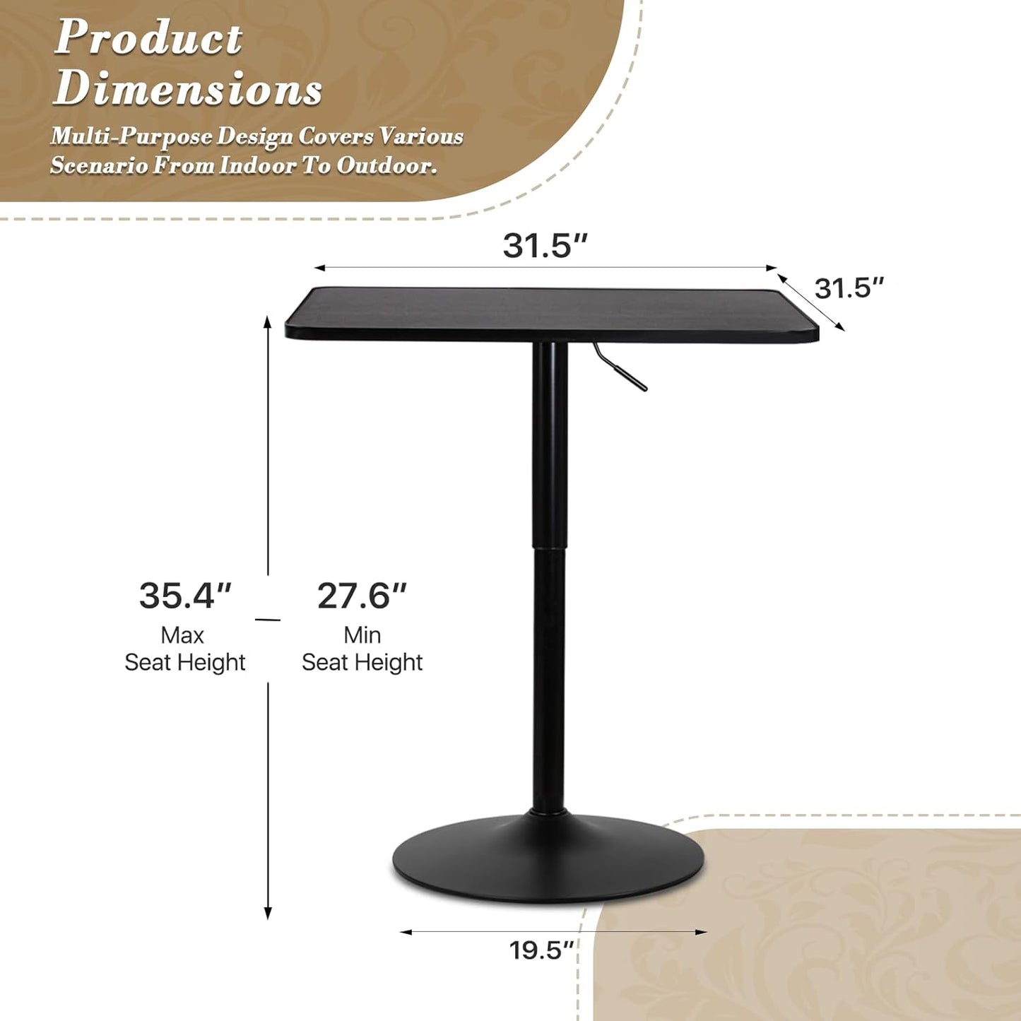 Athena Collection Modern Bar Table Square Top Height Adjustable, Tall Bistro Pub Cocktail Table Height Top and Sturdy Base, Suitable for Home Kitchen Pub Restaurant Outdoor, Black