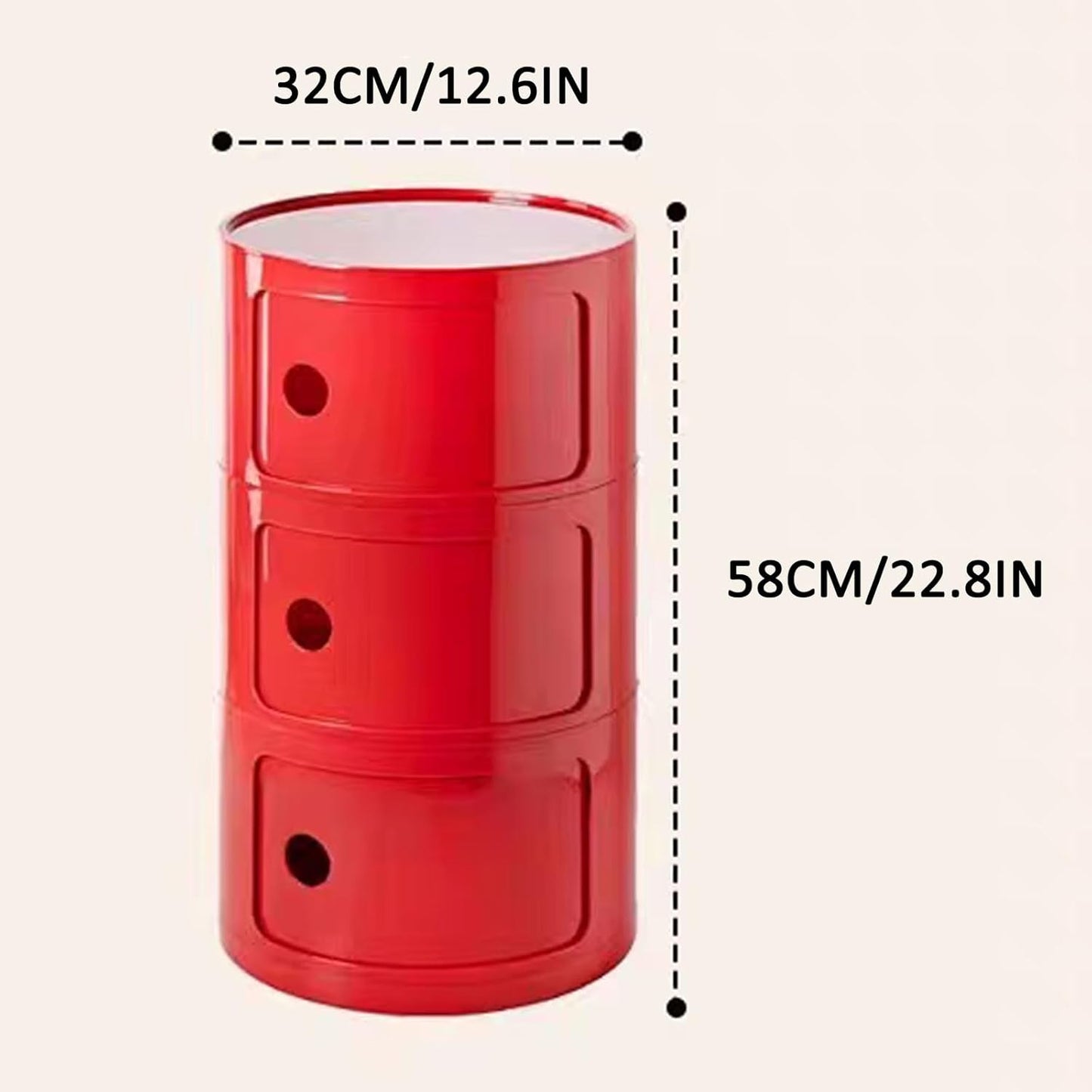 3 Tier Round Nightstand with Drawers, Red Round Side Table Small Plastic Storage End Table Suitable for Bedroom, Living Room, Bathroom (Red)