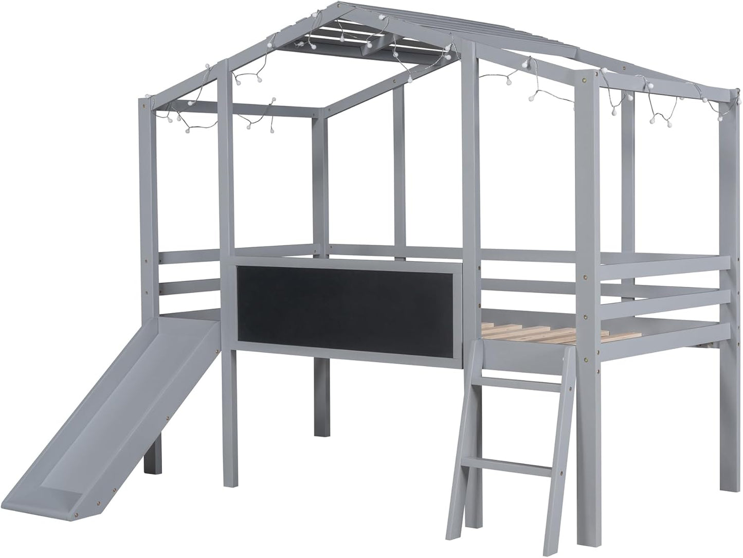 Ball & Cast Twin Size House Loft Bed with Ladder and Slide,Wood Bunkbed w/Blackboard and Light Strip on The Roof,Slat Support,Space Saving,Bedroom Furniture for Student Dorms,Gray