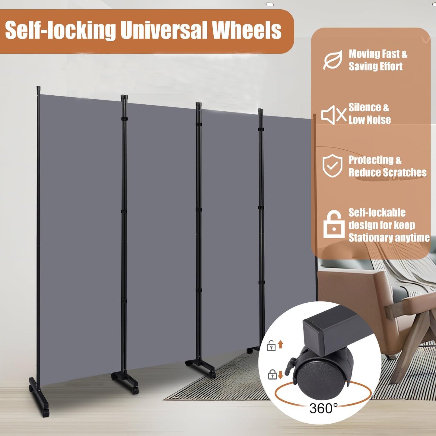 Room Divider Portable 88'' Partition Room Dividers and Folding Privacy Screens 4 Panel Wall Divider for Room Separation，Freestanding Fabric Room Divider Panel with Wheels for Home Office Hospital