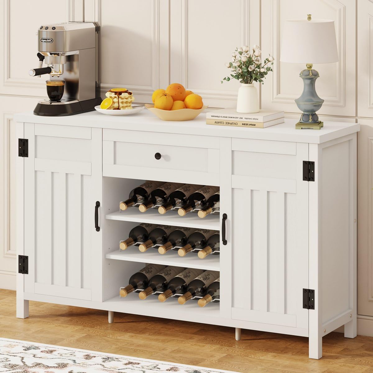 FATORRI Buffet Cabinet with Storage, Modern Coffee Bar Cabinet for Home Liquor, Sideboard Buffet Cabinets with Wine Rack, Kitchen Storage Cupboard with Drawer (White Oak)