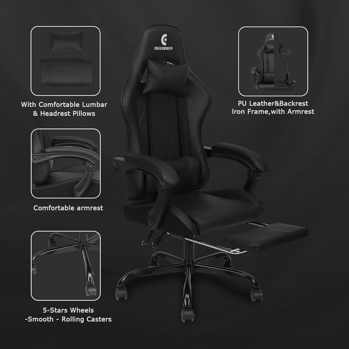 Gaming Chair with Linkage Armrest & Footrest, High Back Video Gaming Chair, Black