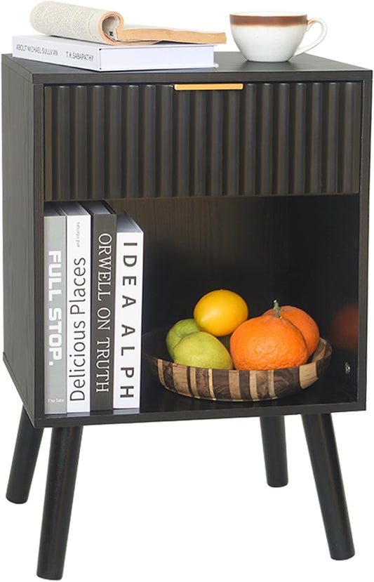 Black Fluted Nightstand, Modern Bedside Table with Drawer and Opening Storage, End Side Table Living Room with Solid Wood Legs for Bedroom (Black)