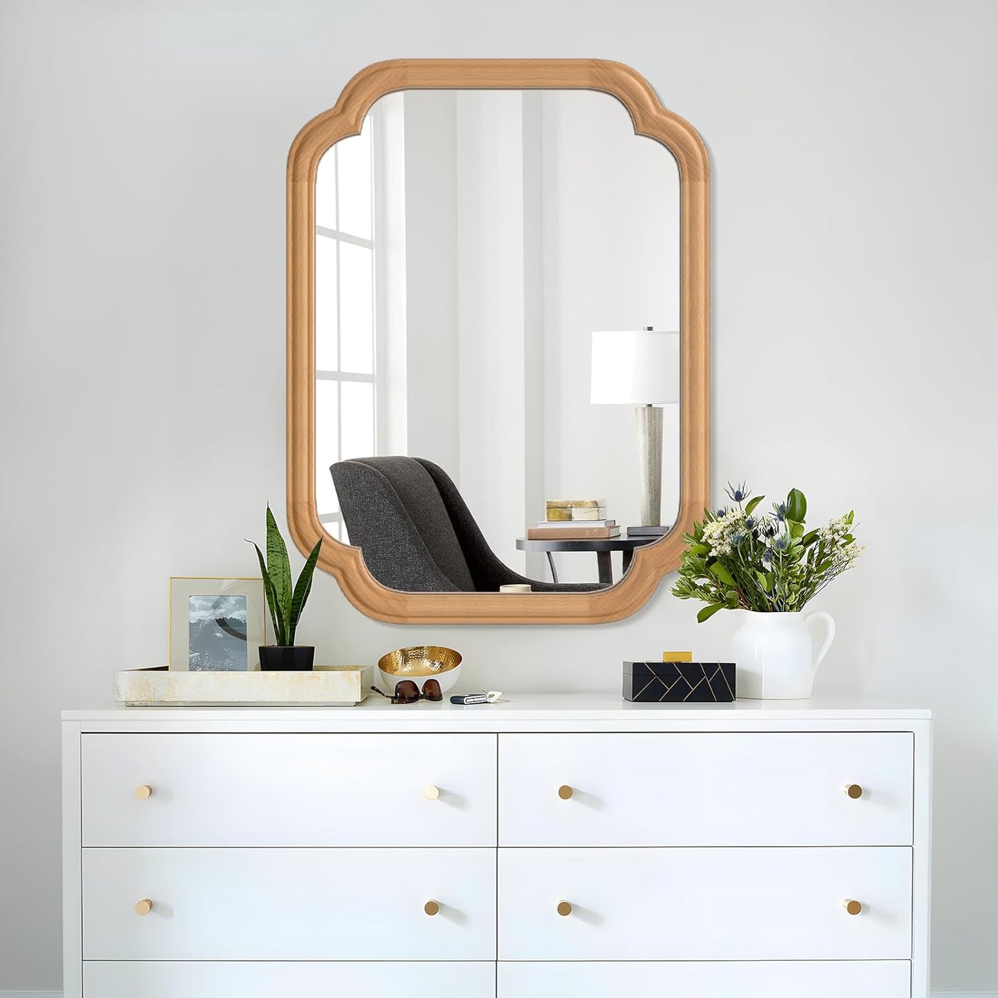 Natural Wood Framed Mirror,18X24 Inch Bathroom Mirror for Over Sink Wood Mirror for Bathroom Modern Rounded Corner Rectangle Wall Mounted Mirror for Bathroom (Horizontal/Vertical)