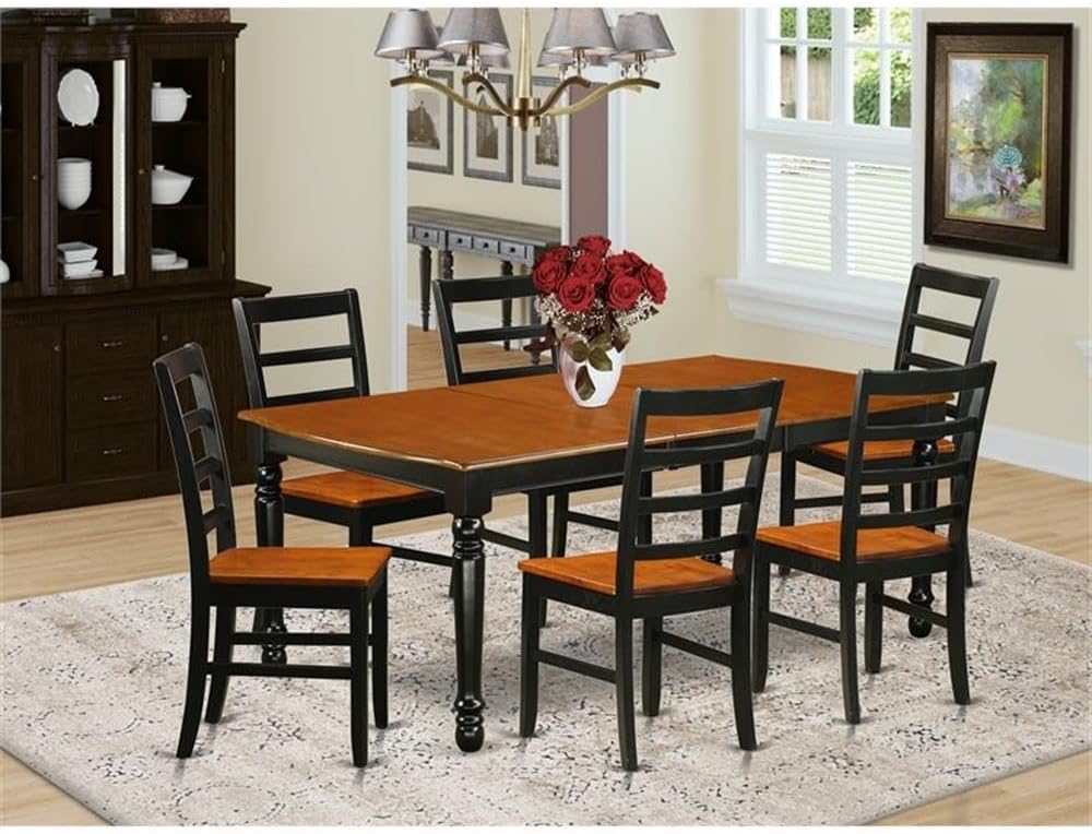East West Furniture DOPF7-BCH-W 7 Piece Kitchen Table & Chairs Set Consist of a Rectangle Dining Room Table with Butterfly Leaf and 6 Solid Wood Seat Chairs, 42x78 Inch, Black & Cherry