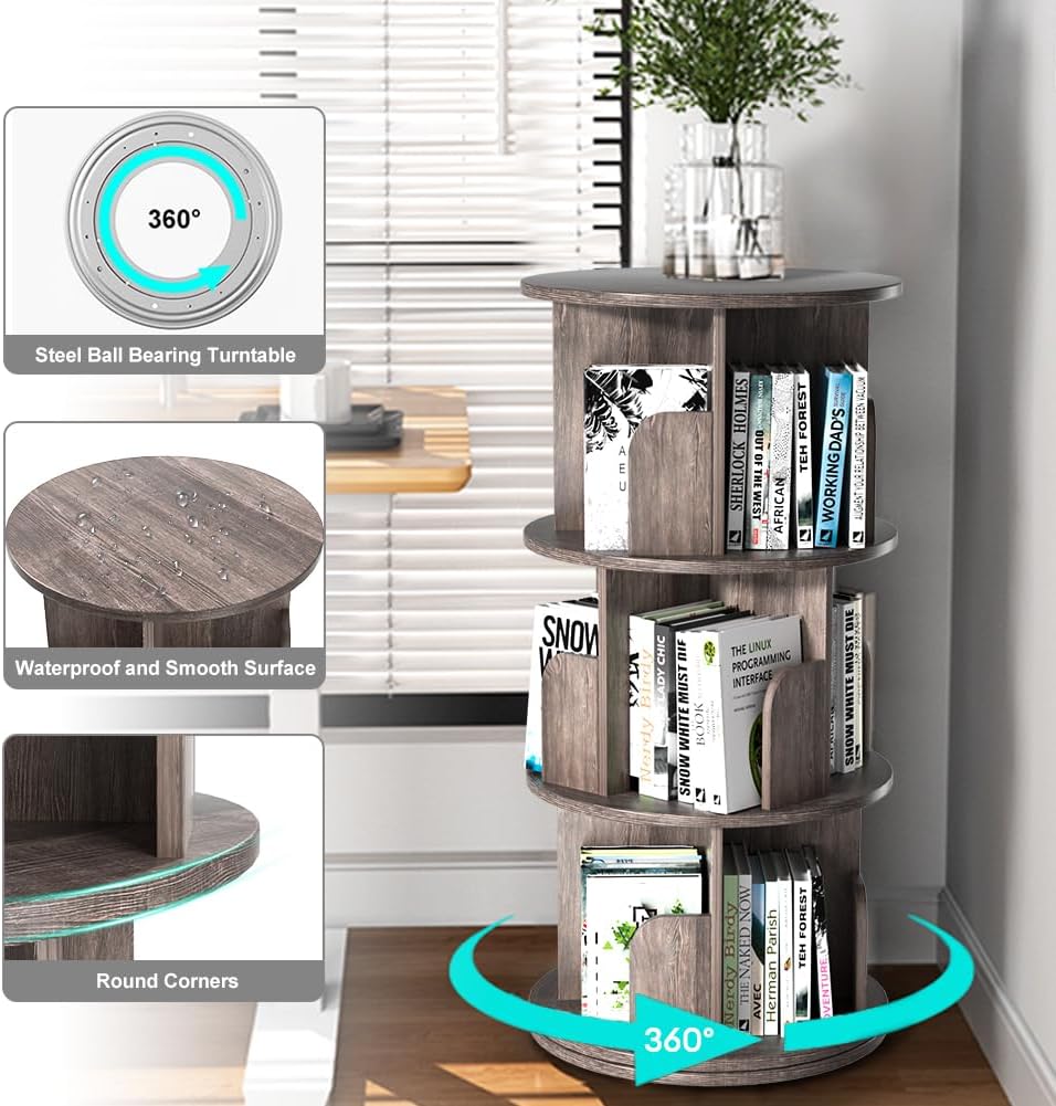 Nidouillet Rotating Bookshelf, Revolving Bookcase 360 Display Round Bookshelf Narrow Swivel Corner Book Shelf Standing Bookcase for Adult Bedroom, Living Room (Oak Grey, 3 Tier)