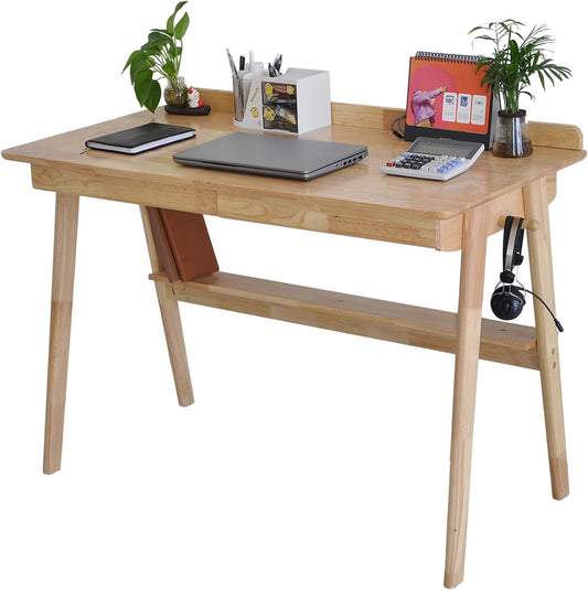 Oak Desk with Drawers, Solid Wood Desk with Bookshelf Small Computer Desk for Small Spaces Mid-Century Modern Wood Writing Desk with 2 Drawers for Home Office 47"