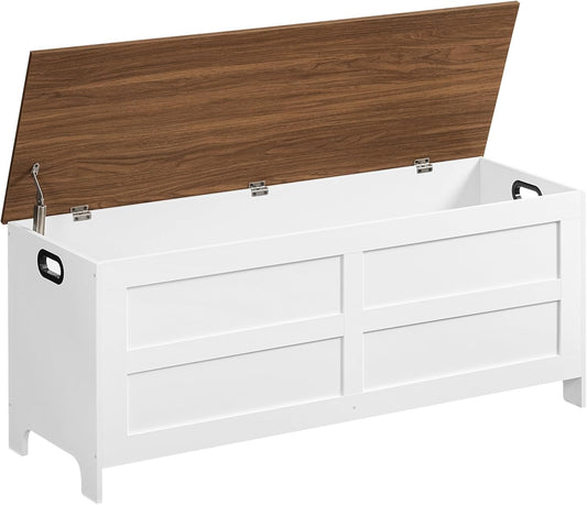 Storage Chest, 47.2” Large Toy Chest, Entryway Storage Trunk, Storage Bench with Safety Hinge, Entrance Bench for Living Room, Entrance, Bedroom, White+Walnut SCBZ48901