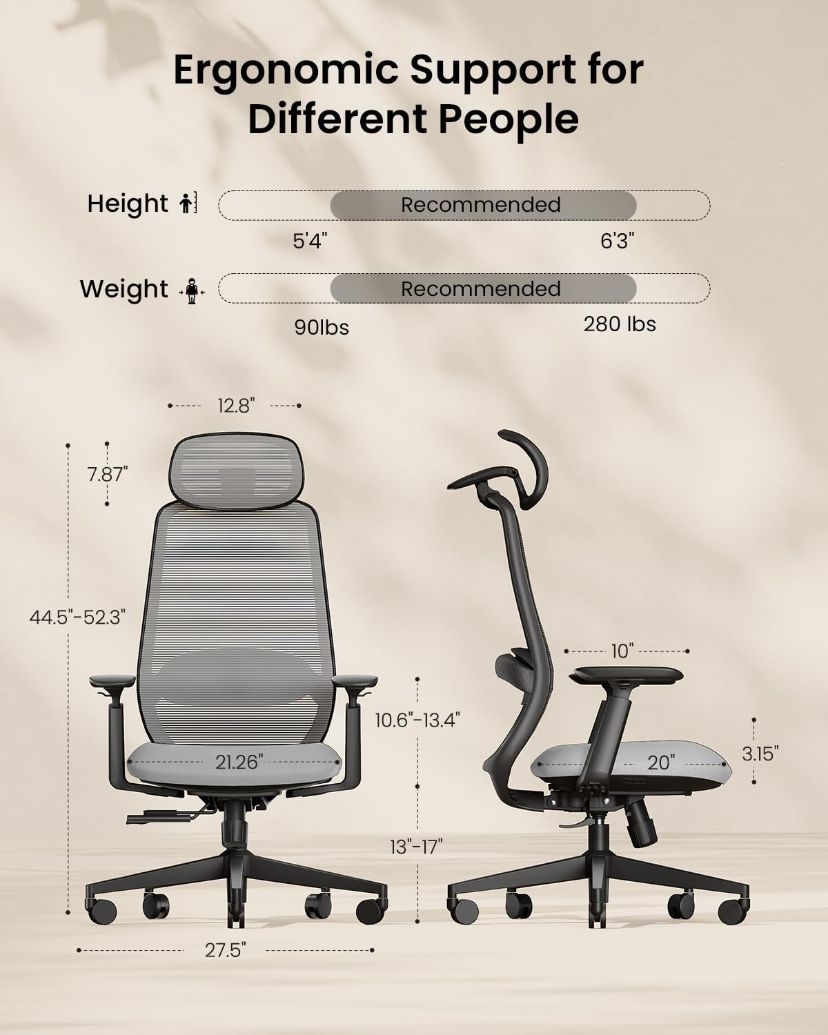 ProtoArc Ergonomic Office Chair – EC200 High-Back Mesh Computer Chair with Lumbar Support, 3D Adjustable Headrest & Sliding Seat for 8+ Hour Comfort, Big & Tall Home Office Desk Chairs - Gray