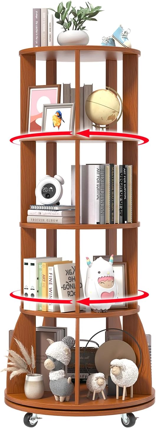 4 Tier Rotating Bookshelf with Brake Wheels, 360° Spinning Bookcase, Vertical Floor Standing Revolving Bookshelf Organizer for Small Spaces, Corner, Living Room, Bedroom, Rustic Brown