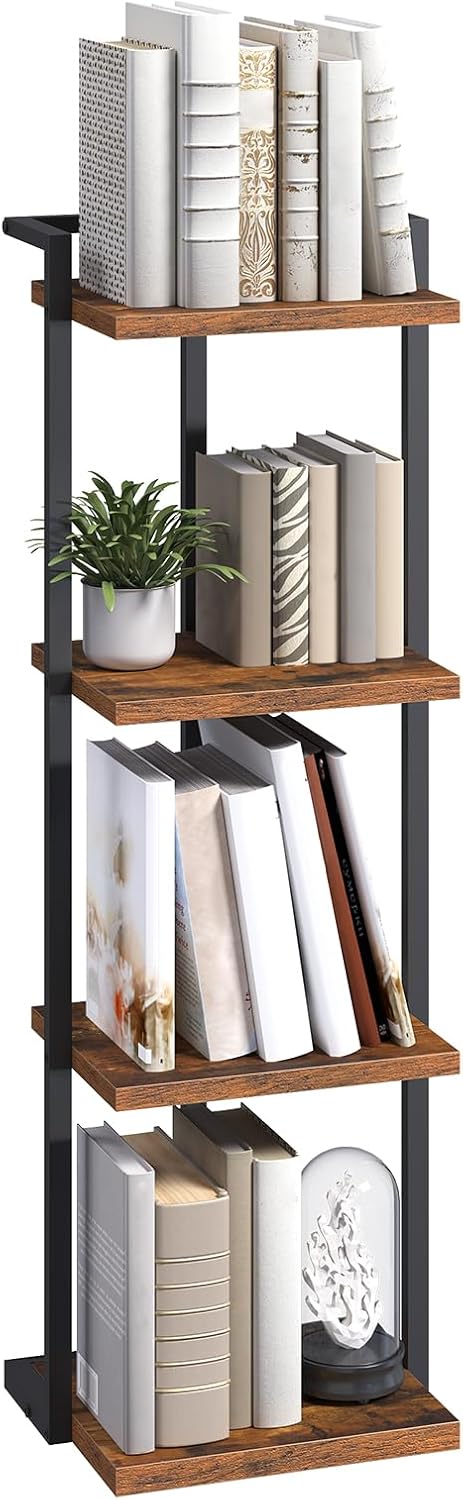 Bookshelf, 4-Tier Bookcase, Vertical Tall Narrow Book Shelf for Small Space, Open Storage Display Shelf with Stable Base & Anti-Tip Kits, for Living Room, Study, Rustic Brown BKHR11401