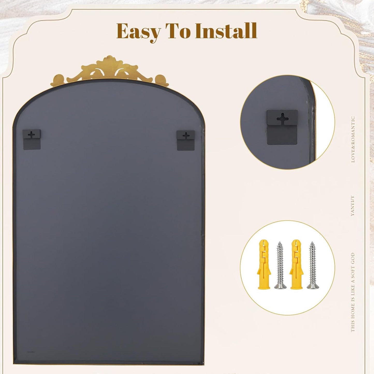 26x38 inch Vintage Arched Bathroom Mirror - Gorgeous Wall Vanity Mirror with Beautiful Retro Top and Bottom Engraving Process Frame for Entryway Hallway Living Room, Gold