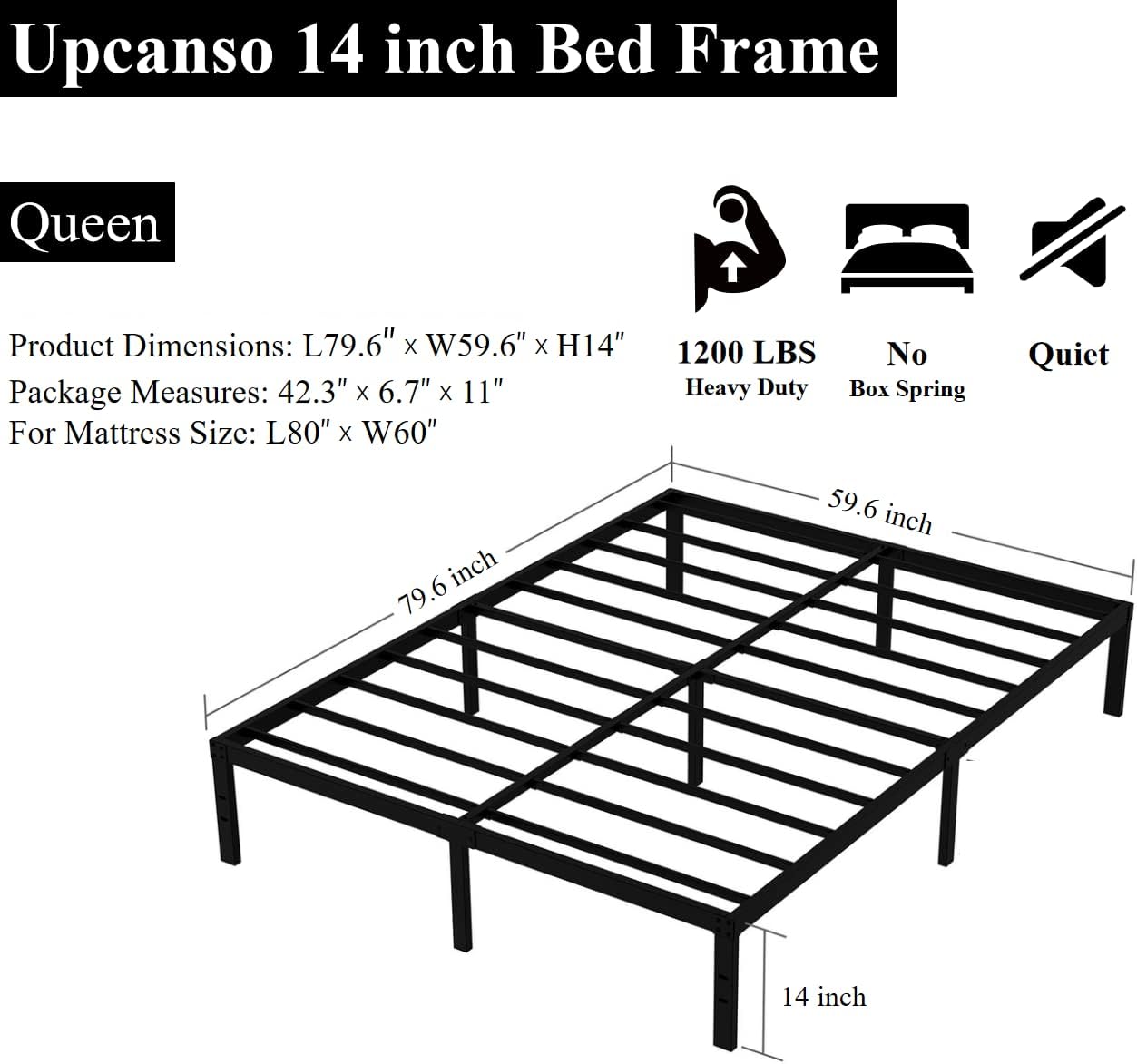 Queen Bed Frame No Box Spring Needed, 14 Inch Heavy Duty Metal Platform Bed Frame Queen Size, 1200lbs Steel Slats Support, Easy Assembly, Black