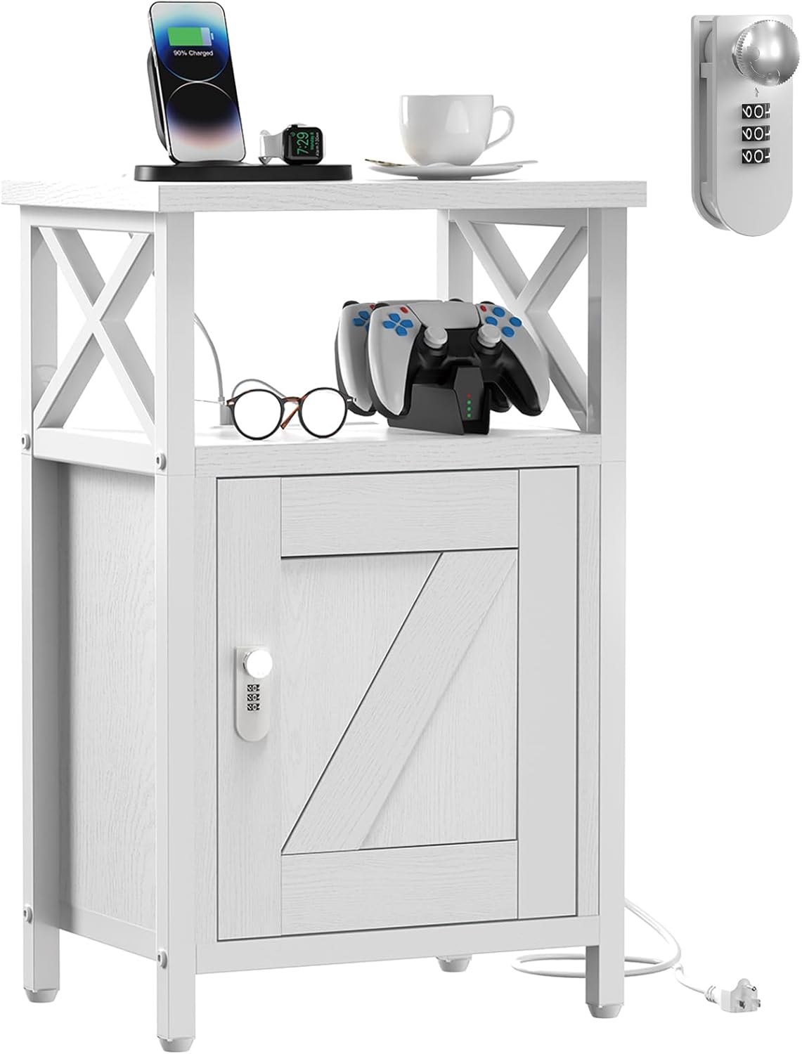 Wooden Nightstand with Lock, Bed Side Table with Drawers, Bedside Table with Charging Station, 3 USB & 2 Outlets, Night Stand with Storage, End Tables for Living Room, Bedroom, Dorm, White