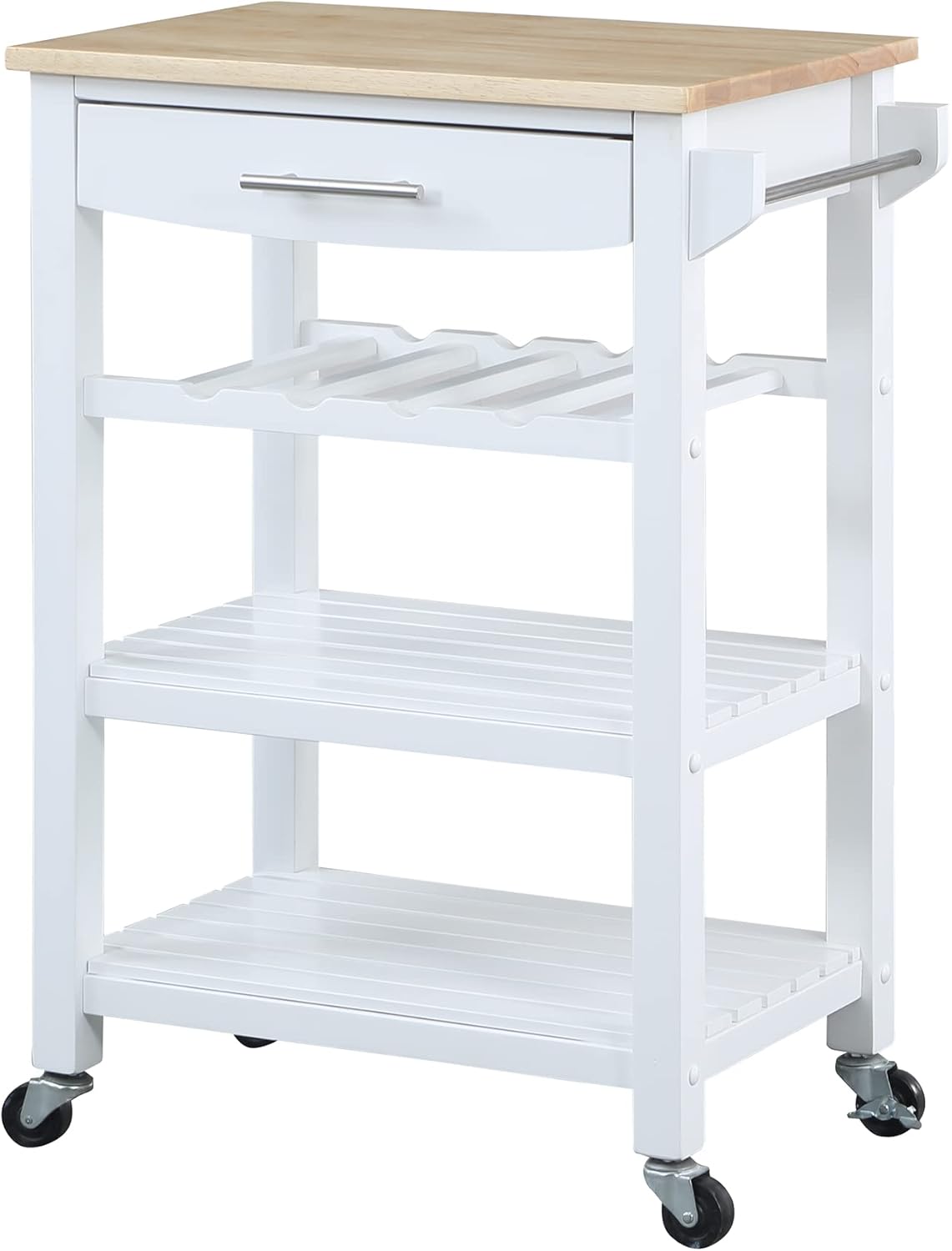 Convenience Concepts Ellaine 4 Tier Kitchen Cart with Drawer and Wine Rack, 24.75", White/Butcher Block