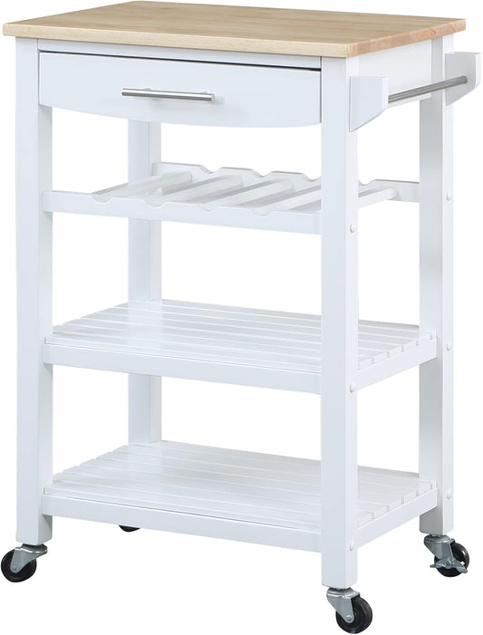 Convenience Concepts Ellaine 4 Tier Kitchen Cart with Drawer and Wine Rack, 24.75", White/Butcher Block