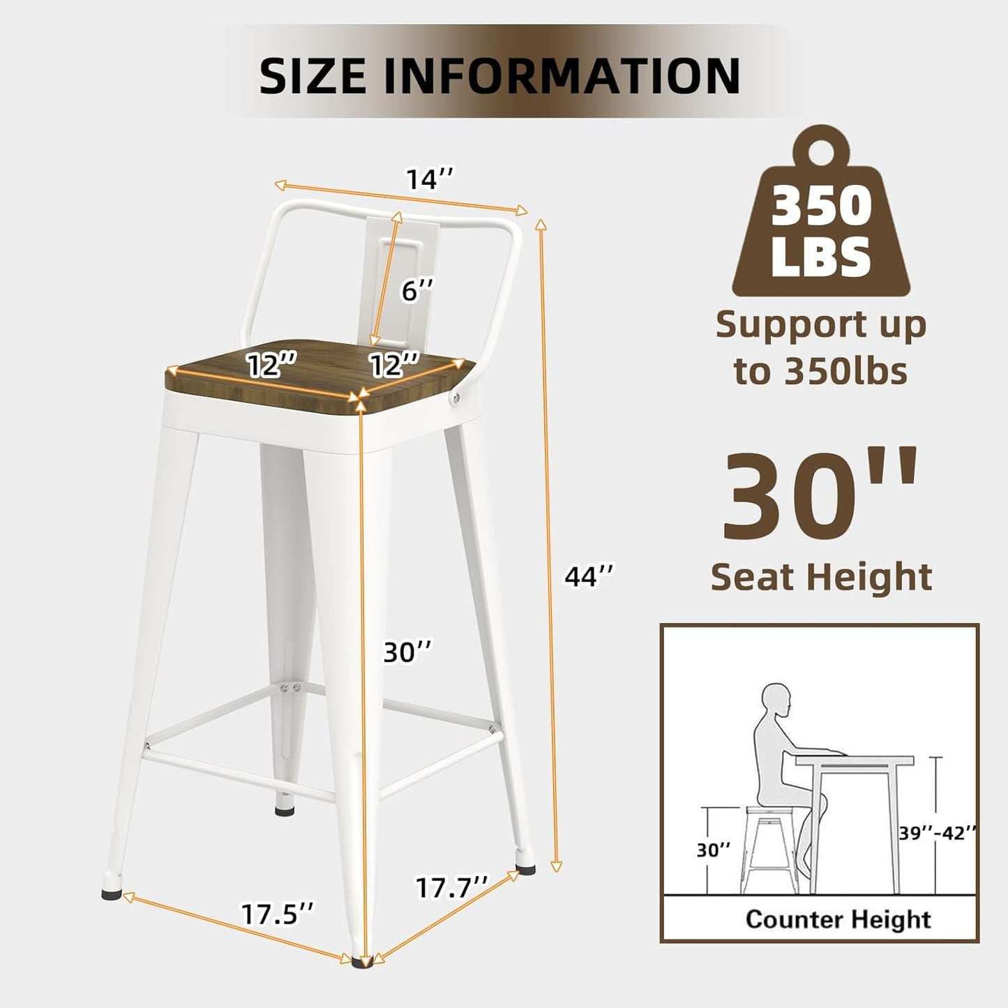 White Bar Stools Set of 4, Metal Bar Stools with Wooden Seat, Modern 30”Counter Height Barstools with Low Back