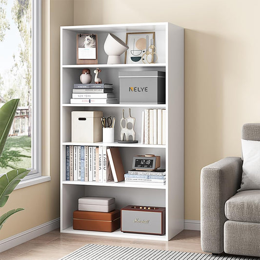 Basic Open Shelf Bookcase - 5-Tier Wooden Cube Storage Shelves Split Bookshelf, White