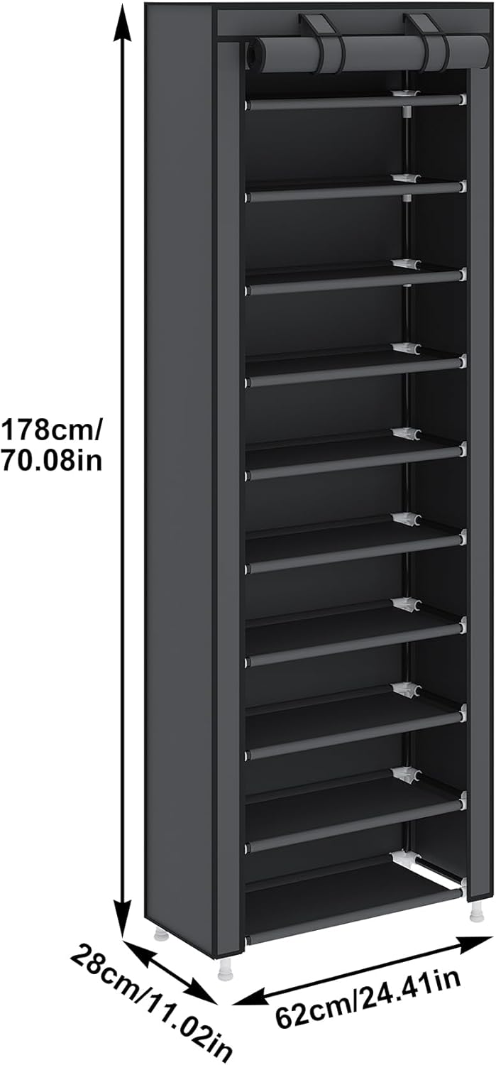UDEAR 10-Tier Free Standing Shoe Rack Sturdy Shoe Rack Organizer for Closet Entryway Stackable Shoe Shelf with Dustproof Cover,Grey