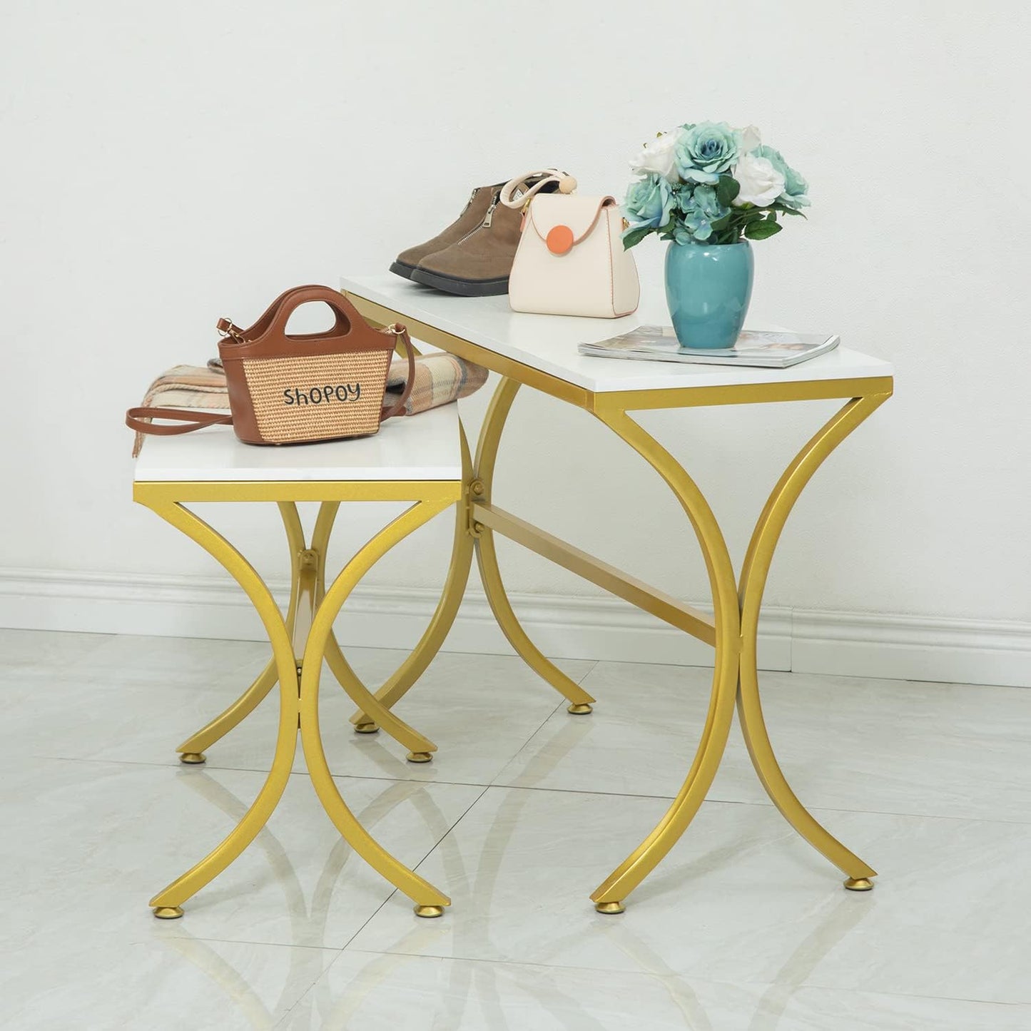 Metal Shoe Handbag Display Stand, Display Riser Shelf for Retail Store, Modern Nesting Tables 2 Piece Set, Iron and Wood, Gold