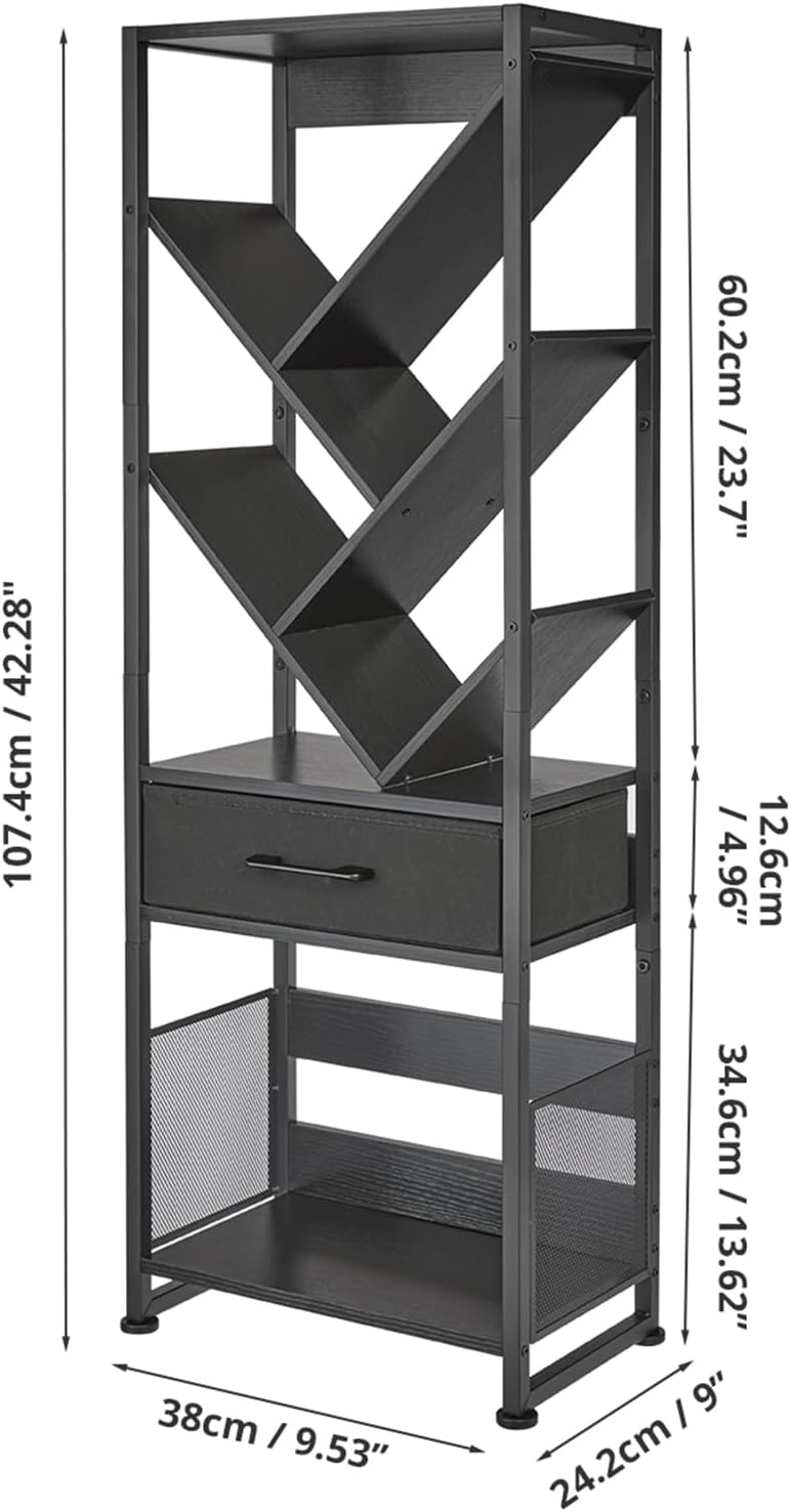 Bookshelf with Drawer,8 Tier Tree Bookcase Retro Floor Standing Bookshelves,Tall Wood Bookcases with Cabinet Storage Organizer for Living Room, Bedroom & Home Office, Black