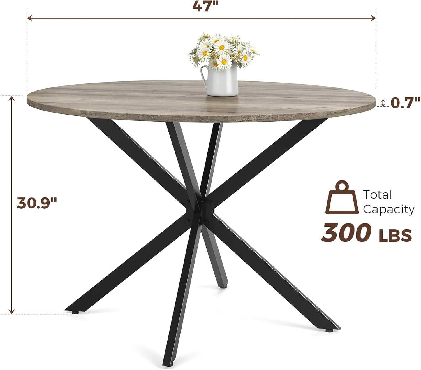 Unovivy 47" Round Dining Table for 4-6, Space Saving Circle Kitchen Dinner Table, Industrial Mid Century Modern Dining Room Desk for Kitchen, Apartment, Light Ivory