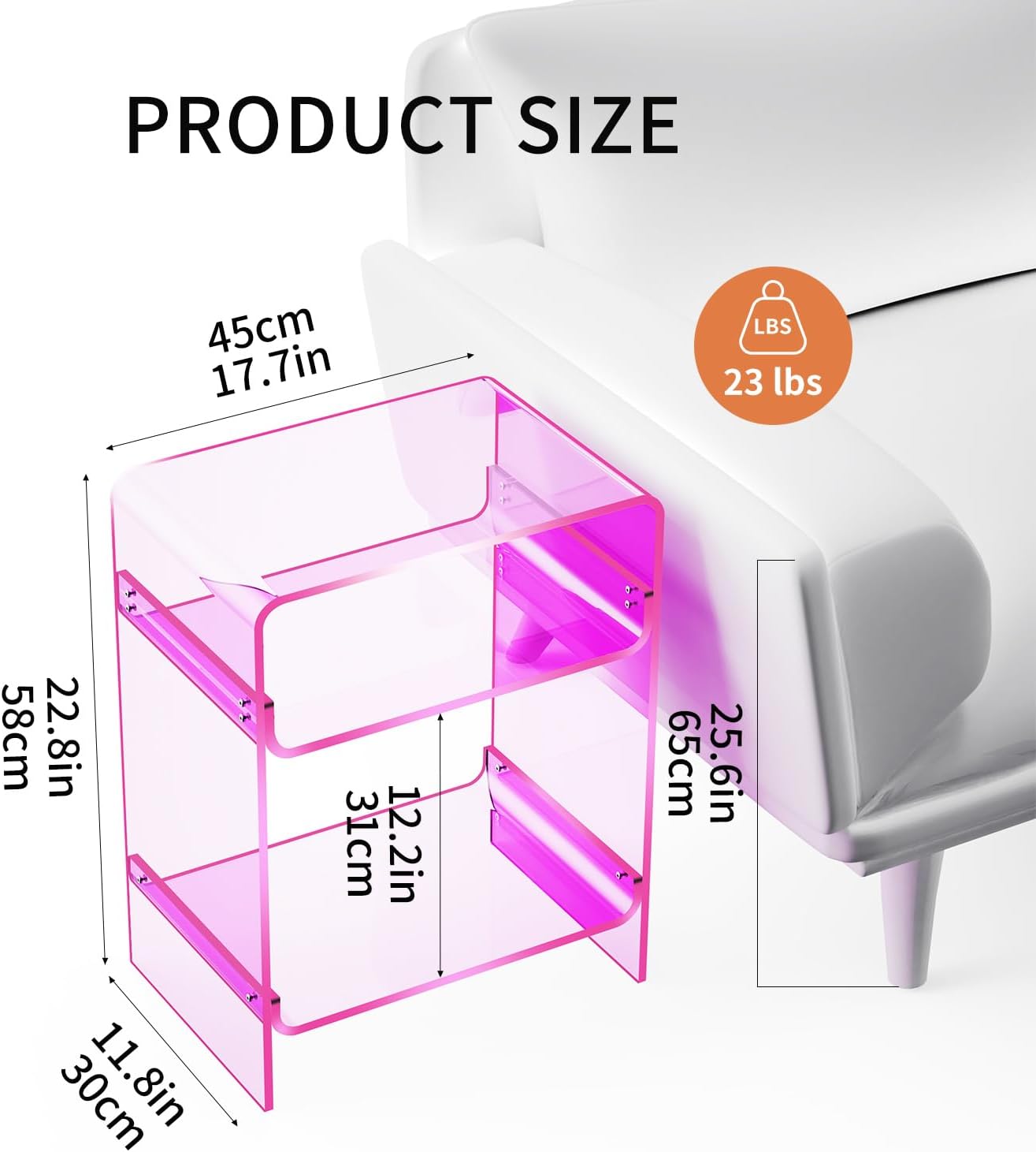 Acrylic Record Player Table with Storage Shelf, Clear Side Table Nightstand (Pink)