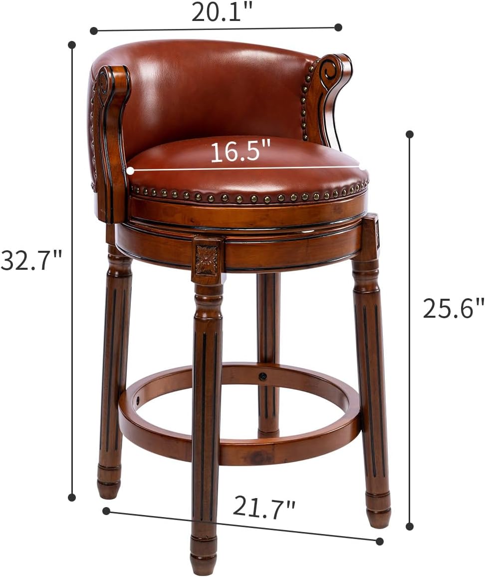 Cow top Leather Wooden Bar Stools, 29.5" Bar Height Bar Chair with Back, 180 Degrees Swivel Barstools Chair for Home Kitchen Counter,Dining Room, Restaurant,Study and Pub,2pcs(Brown)