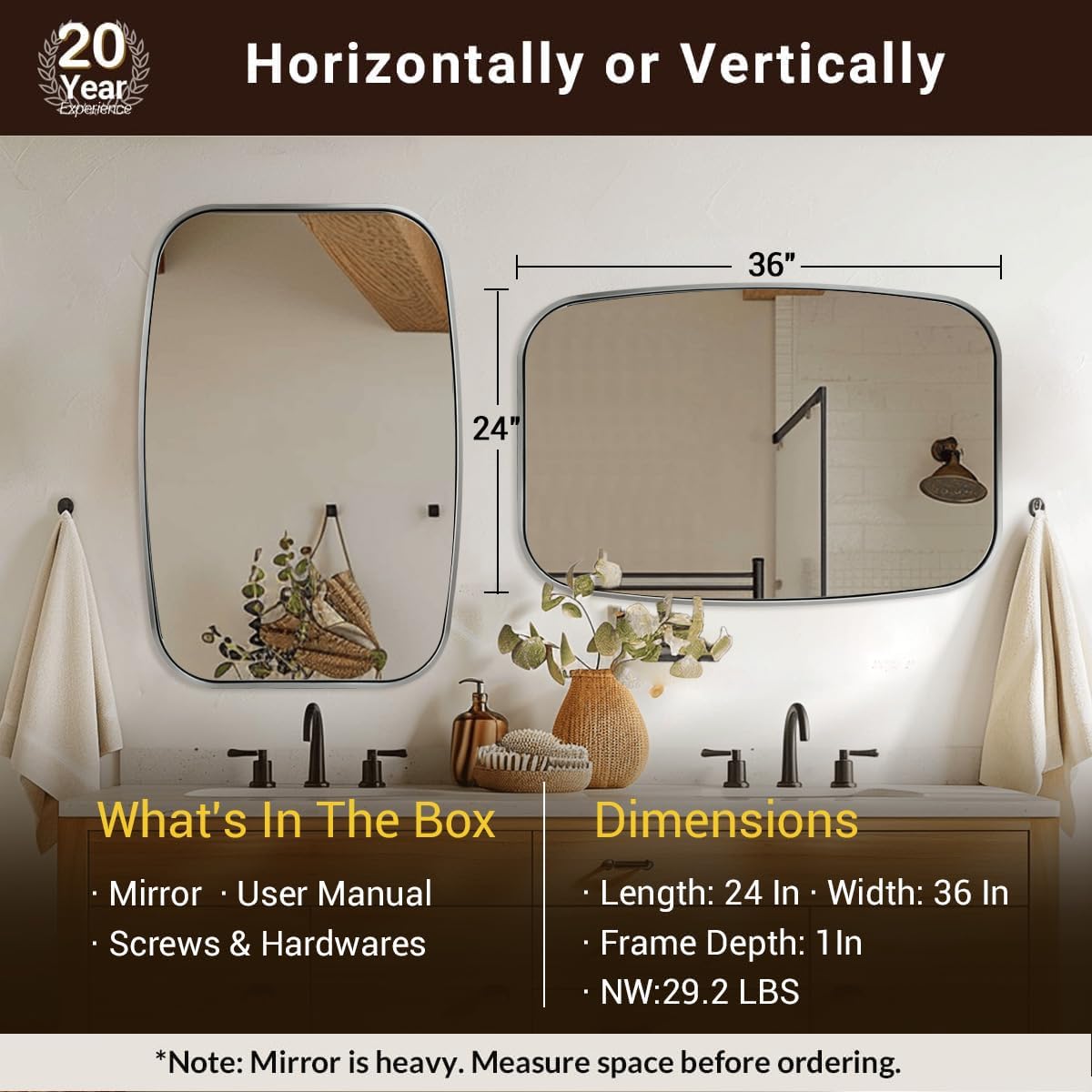 ANDY STAR Brushed Nickel Oval Bathroom Mirror for Over Sink, 24x36 Inch Bathroom Vanity Mirror with Unique Oblong Rounded Corner Tube Metal Frame-Modern Design with Anti-Rust Stainless Steel Frame