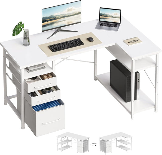 47" Computer Desk with Drawers, Desks for Bedrooms, Writing Desk with Storage, Work Desk for Small Space, White