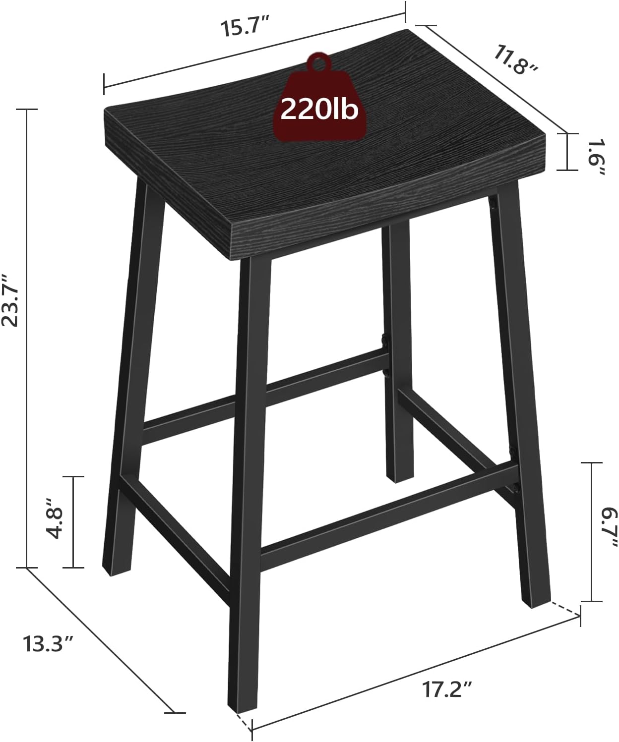 Bar Stools, Counter Height Bar Stools Set of 2, 23.7 Inch Saddle Stools with Footrest, Kitchen Stools, Industrial Style, for Dining Room, Counter, Bar, Black BABK0801