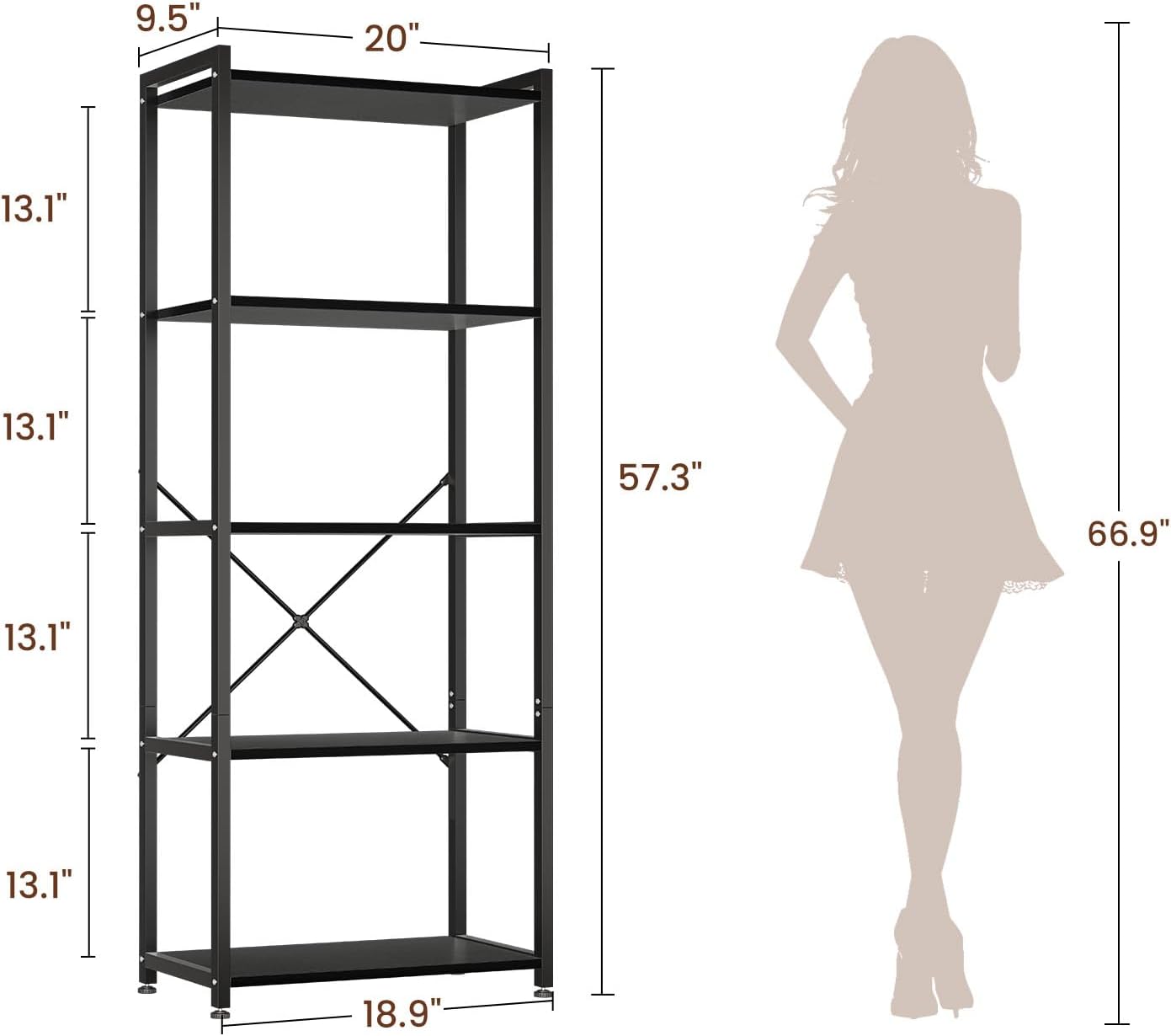 Casaottima Book Shelf, 5 Tier Bookshelf, Modern Wood Bookcase Shelves for Bedroom, Industrial Display Shelf for Living Room Home Office Kitchen, Standing Shelving Unit Storage Organizer, Black