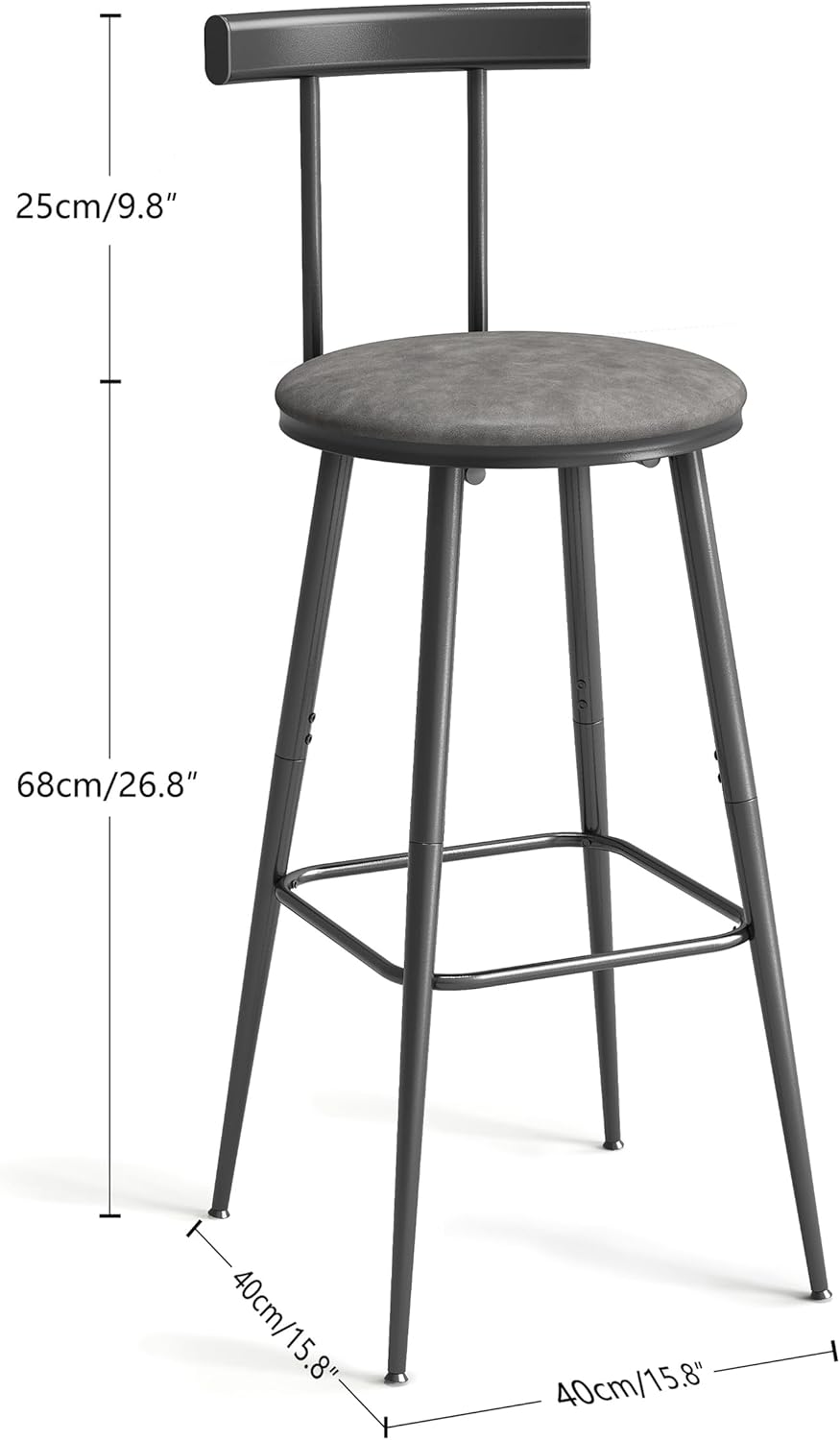 Bar Stools, Set of 2 High Kitchen Barstools, Bar Chairs with Backrest and Footrest, Industrial Counter Stools with PU Soft seat, for Kitchen, Living Room, Pub, Grey BS-013GR
