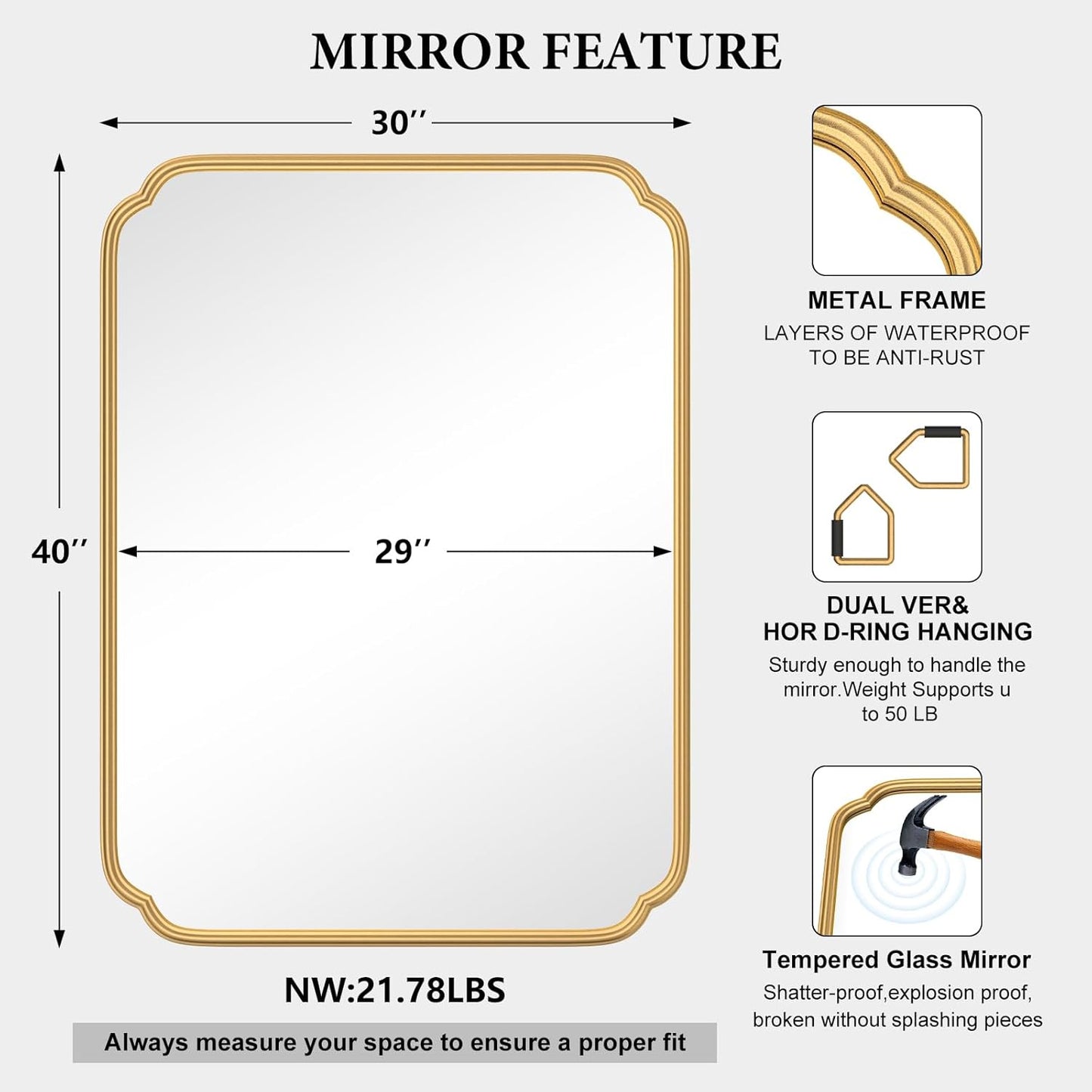 30" x 40"Gold Bathroom Mirror for Over Sink, Modern Rounded Corner Rectangle Wall Mirror for Bathroom Vanity Decorative with Non-Rusting Iron Metal Framed (Horizontal/Vertical)