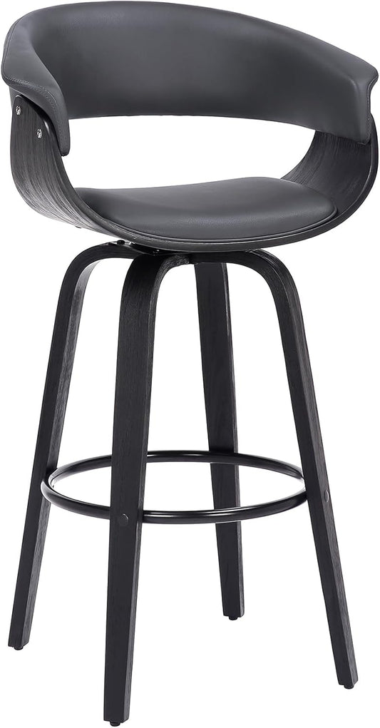 Armen Living Julyssa Mid Century Modern Swivel Bar Stool for Kitchen Island Counter in Gray Faux Leather and Black Wood, 26" Seat Height