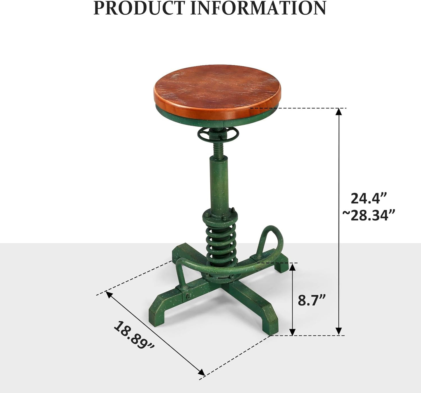 LOKKHAN American Antique Steampunk Bar Stool 24.41"-28.35" Vintage Industrial Adjustable Swivel Backless Counter Stool for Dining, Breakfast, Pub, (Heavy Duty Metal & Wood, Aged Green, Brown Top)