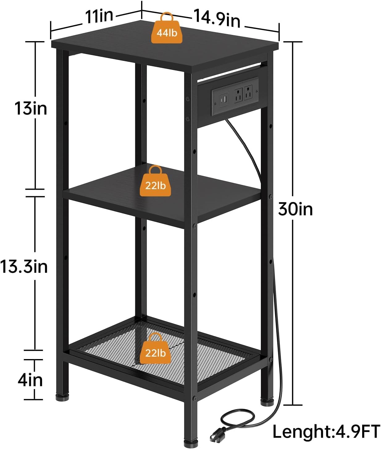 Tall End Table with Fast Charging Station, 3 Tier Narrow Side Table with Outlets and USB Ports & Type-C, Tall Nightstand with Storage, Bedside Table Stand for Living Room, Bedroom, Black